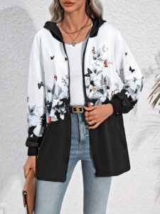 Kadın Uzun Kollu Kapşonlu Fermuarlı çiçek-kelebek Desenli şardonlu Dalgıç Ceket - Görsel 3