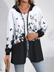 Kadın Uzun Kollu Kapşonlu Fermuarlı çiçek-kelebek Desenli şardonlu Dalgıç Ceket - Görsel 6