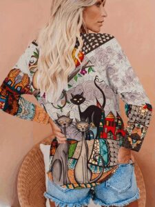 Kadın Uzun Kollu Bisiklet Yaka Kedi Baskılı Süprem Bluz - Görsel 2