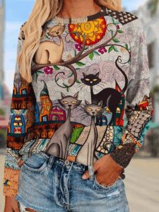 Kadın Uzun Kollu Bisiklet Yaka Kedi Baskılı Süprem Bluz - Görsel 3