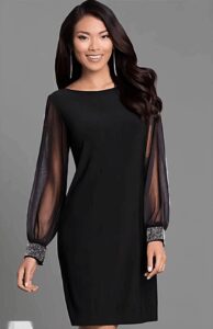 Kadın Uzun Kollu Yakası Yanlardan Hafif Açık Kollar Tül Ve Taş Detay Kısa Krep Elbise - Görsel 3