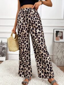 Kadın Yüksek Bel Beli Lastikli Bağcıklı Leopar Desenli Süprem Pantolon - Görsel 2