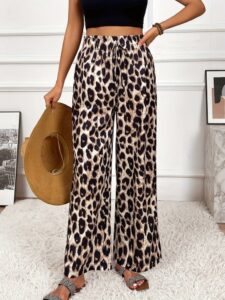 Kadın Yüksek Bel Beli Lastikli Bağcıklı Leopar Desenli Süprem Pantolon - Görsel 3