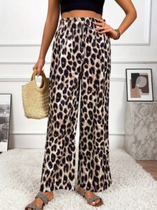 Kadın Yüksek Bel Beli Lastikli Bağcıklı Leopar Desenli Süprem Pantolon - Görsel 5