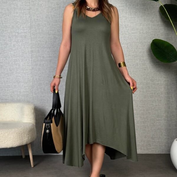 Kadın çan Dokuma Kumaş V Yaka Asimetrik Kesim Elbise