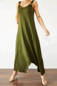 Kadın çan Dokuma Kumaş V Yaka Asimetrik Kesim Elbise - Görsel 2