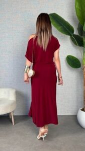 Kadın Kısa Kollu Tek Omuzdan Açık Beli Lastikli Sandy Maxi Elbise - Görsel 4