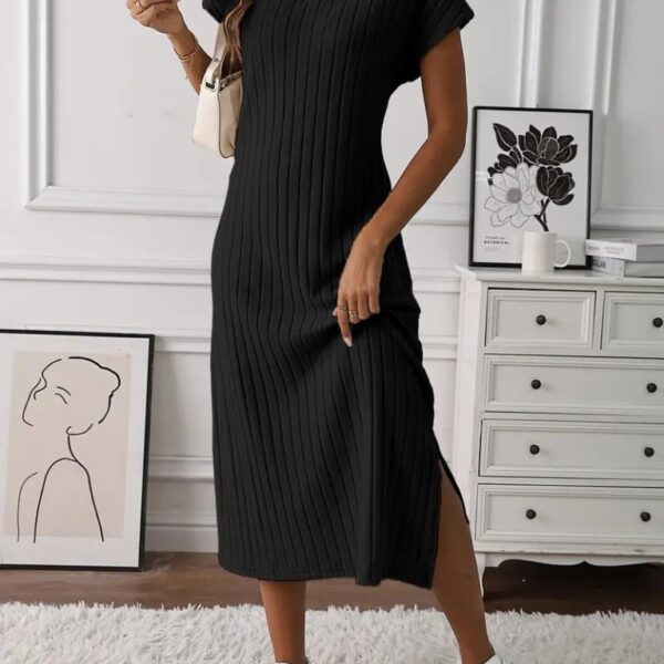 Kadın Kısa Kollu Yakalı Yandan Yırtmaçlı Kalın Fitilli Kaşkorse Elbise