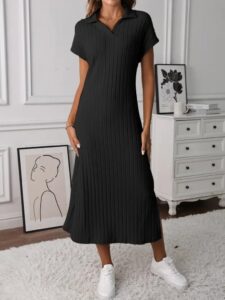 Kadın Kısa Kollu Yakalı Yandan Yırtmaçlı Kalın Fitilli Kaşkorse Elbise - Görsel 2