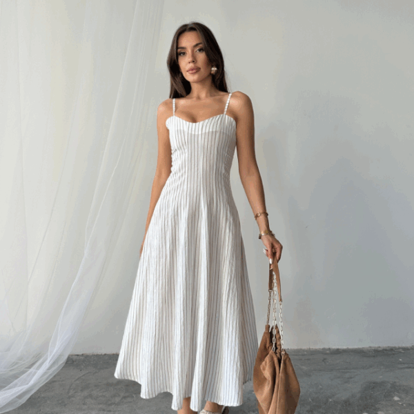 SİMLİ ÇİZGİLİ ASKILI ELBİSE MİDİ BOY