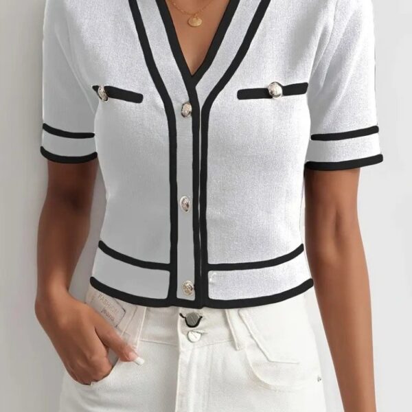 Kadın Kısa Kollu önden Düğmeli Triko Bluz