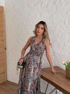 Kadın Beli Gipeli Etnik Desen Sıfır Kol Süprem Elbise - Görsel 4