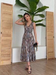 Kadın Beli Gipeli Etnik Desen Sıfır Kol Süprem Elbise - Görsel 5