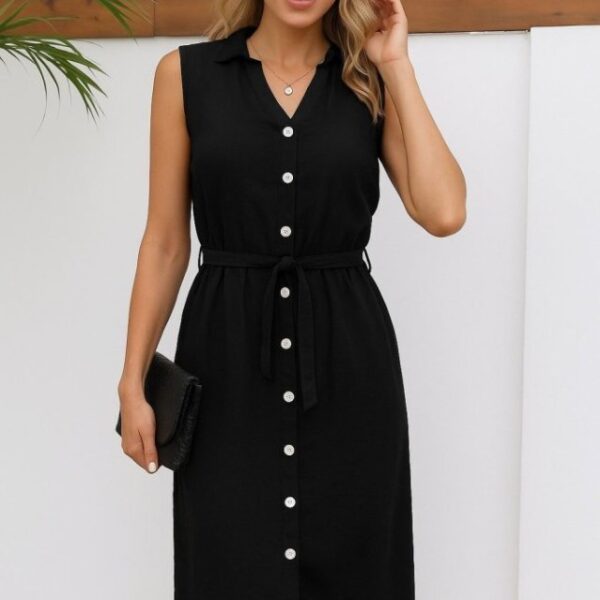 Kadın Sıfır Kollu Hakim Yaka önden Düğmeli Belden Kuşaklı Ithal Keten Elbise