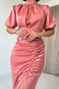 Pudra Büzgülü Saten Elbise - Görsel 3