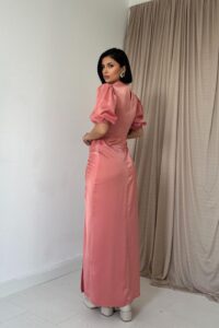 Pudra Büzgülü Saten Elbise - Görsel 4