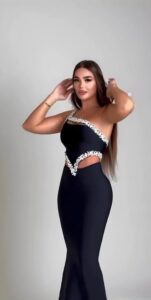 Kadın Komuz Ve Bel Dokelteli Taş Detay Dalgıç Kumaş Elbise - Görsel 2