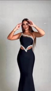 Kadın Komuz Ve Bel Dokelteli Taş Detay Dalgıç Kumaş Elbise - Görsel 4