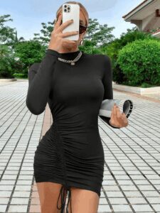 Kadın Uzun Kol Sağ Belden Sol Etek Ucuna Doğru Hafif çapraz Büzgülü Sandy Mini Boy Elbise - Görsel 3