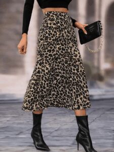 Kadın Yüksek Bel Leopar Desenli Midi Krep Etek - Görsel 2