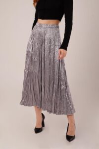 Midi Boy Pileli Saten Gri Etek - Görsel 2