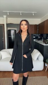 Kadın Uzun Kollu Hakim Yaka Ayarlanabilir Fermuar Dekolteli Mini Elbise - Görsel 4