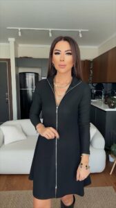 Kadın Uzun Kollu Hakim Yaka Ayarlanabilir Fermuar Dekolteli Mini Elbise - Görsel 6