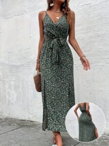 Kadın Ip Askılı Kruvaze Yakalı Yırtmaçlı Uzun Desenli Kuşaklı Süprem Elbise - Görsel 5