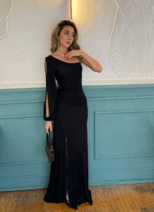 Tek Omuz Açık Derin Yırtmaçlı Krep Tam Boy Elbise - Görsel 12