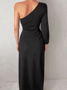 Tek Omuz Açık Derin Yırtmaçlı Krep Tam Boy Elbise - Görsel 4