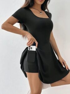 Kadın Kısa Kollu Kare Yaka Short Detaylı Cepli Dalgıç Elbise - Görsel 3