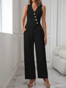 Kadın Sıfır Kollu çapraz V Yakalı önden Düğmeli Atlas Yelek Ve Pantolon Ikili Takım - Görsel 2