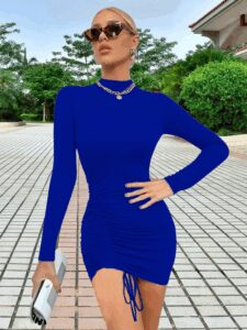 Kadın Uzun Kollu Sağ Belden Sol Etek Ucuna Doğru Hafif çapraz Büzgülü Sandy Mini Boy Elbise - Görsel 2