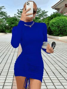 Kadın Uzun Kollu Sağ Belden Sol Etek Ucuna Doğru Hafif çapraz Büzgülü Sandy Mini Boy Elbise - Görsel 4