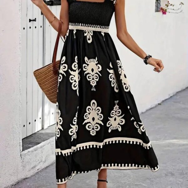 Kadın Askılı Kare Yaka Gipe Detaylı Desenli Suprem Elbise