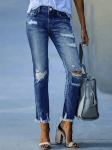 Kadın Dar Kesim Cepli önden Yırtık Desenli Denim Pantolon - Görsel 2