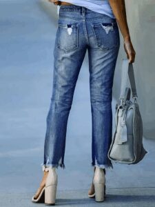 Kadın Dar Kesim Cepli önden Yırtık Desenli Denim Pantolon - Görsel 4