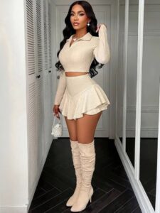 Bürümcük Kumaş Uzun Kol Vatkalı Şort Etekli Takım - Görsel 4