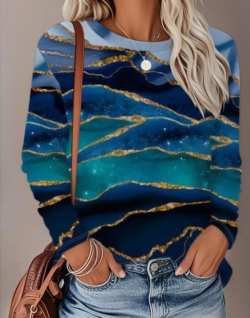 Kadın Uzun Kollu Bisiklet Yaka Desenli Modal Bluz