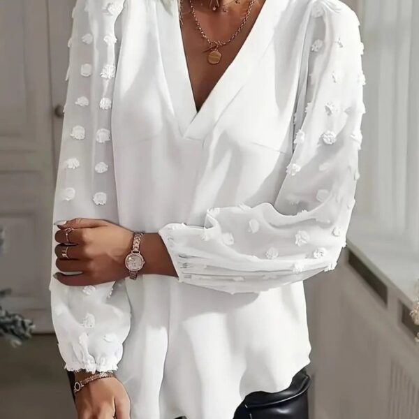 Kadın Uzun Kollu V Yakalı Kolları Popon Detaylı Sandy Bluz