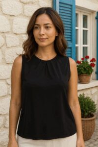 Kadın Askılı Yuvarlak Büzgü Yaka Sandy Bluz - Görsel 3