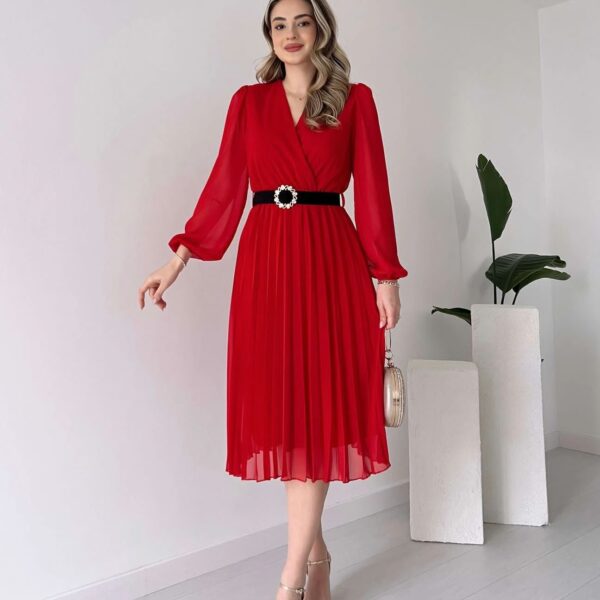 Kadın şifon Kumaş Astalı Kloş Kesim Kruvaze Yaka Midi Boy Elbise