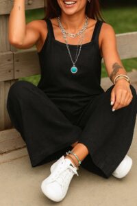 Kadın Askılı Yandan Fermuarlı Geniş Paçalı Valencia Tulum - Görsel 2