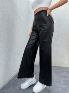 Kadın Yüksek Bel Beli Lastikli Geniş Paçalı Deri Pantolon - Görsel 5