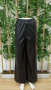 Kadın Yüksek Bel Beli Lastikli Geniş Paçalı Deri Pantolon - Görsel 7