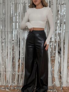 Kadın Yüksek Bel Beli Lastikli Geniş Paçalı Deri Pantolon - Görsel 10