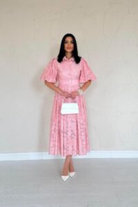 Pembe Kemerli Balon Kollu Elbise - Görsel 2