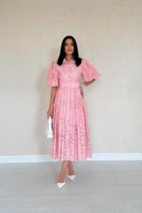 Pembe Kemerli Balon Kollu Elbise - Görsel 3