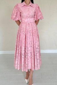 Pembe Kemerli Balon Kollu Elbise - Görsel 4