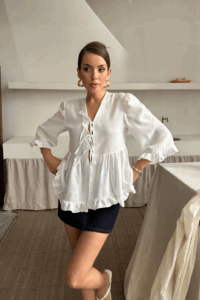 KETEN BLUZ ÖNDEN BAĞLAMALI FIRFIR DETAYLI - Görsel 2